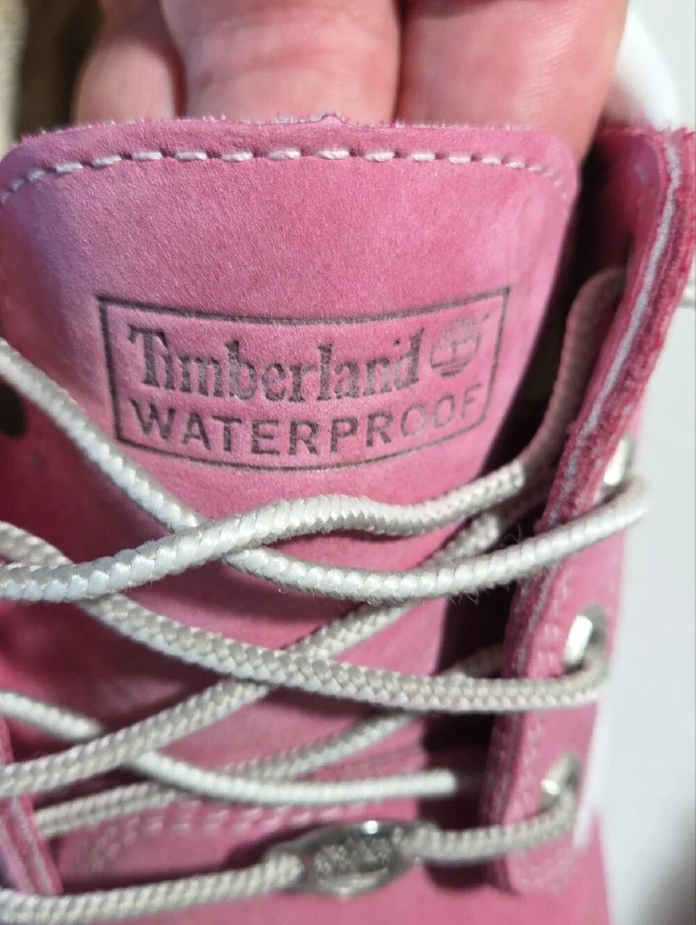 Timberland Pink Nubuck Lace-Up Ankle Boots with White Collar